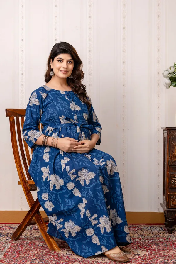 Blue_Pure_Cotton_Printed_Maternity_Dress_For_Women