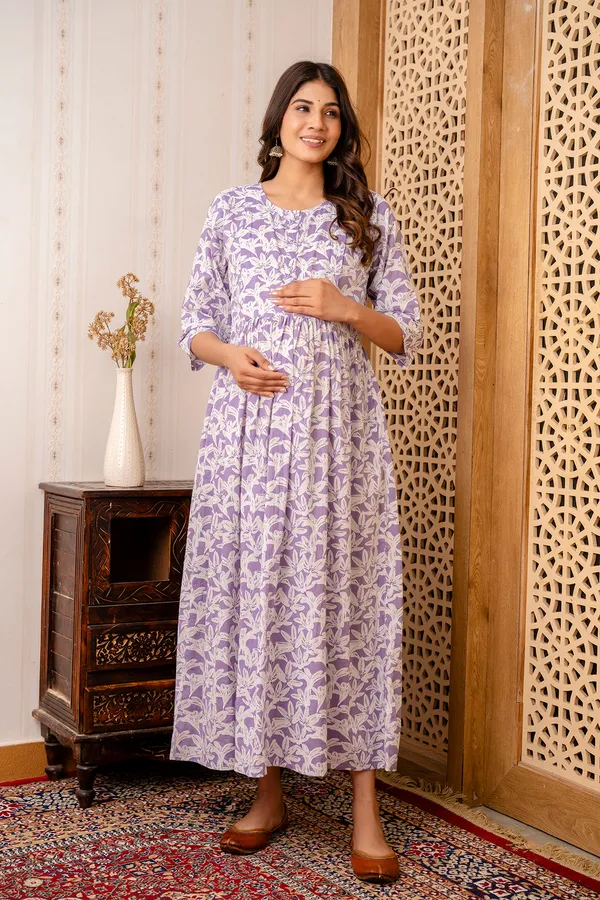 Purple_Pure_Cotton_Printed_Maternity_Dress_For_Women