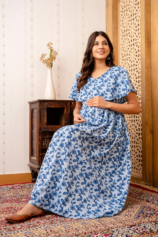 Blue_Pure_Cotton_Printed_Maternity_Dress_For_Women