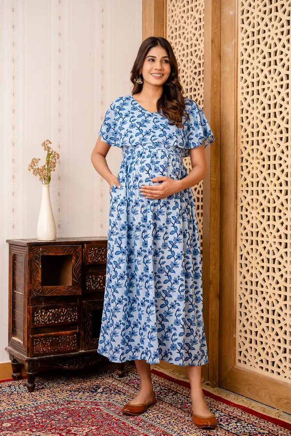 Blue_Pure_Cotton_Printed_Maternity_Dress_For_Women