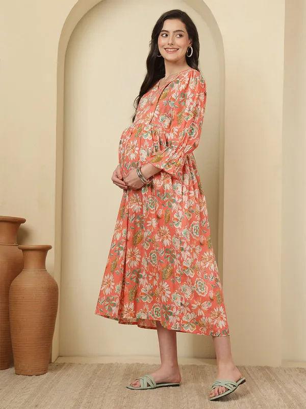 Peach_Pure_Cotton_Printed_Maternity_Dress_For_Women