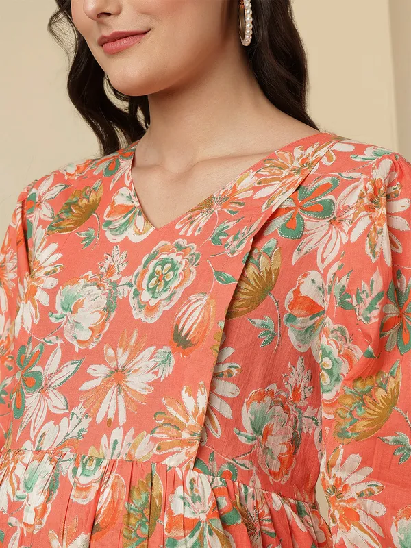 Peach_Pure_Cotton_Printed_Maternity_Dress_For_Women