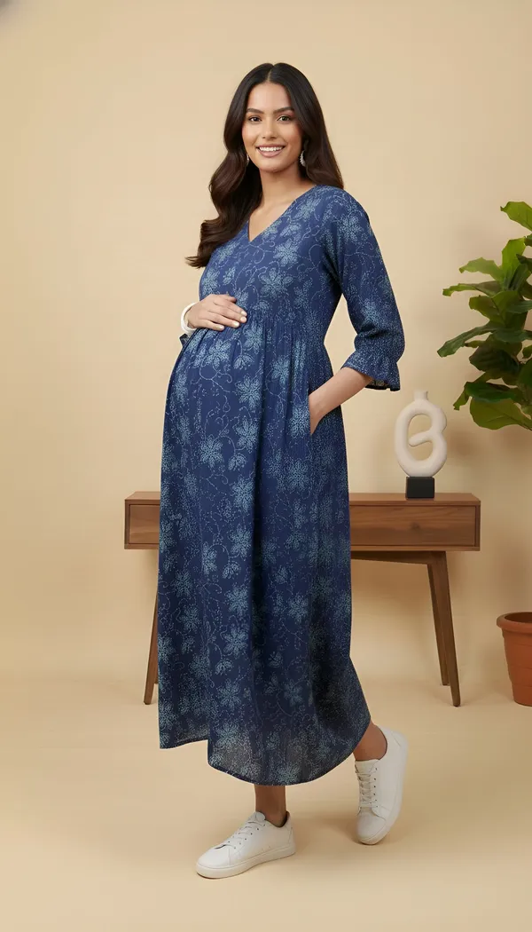 Blue_Pure_Cotton_Printed_Maternity_Dress_For_Women