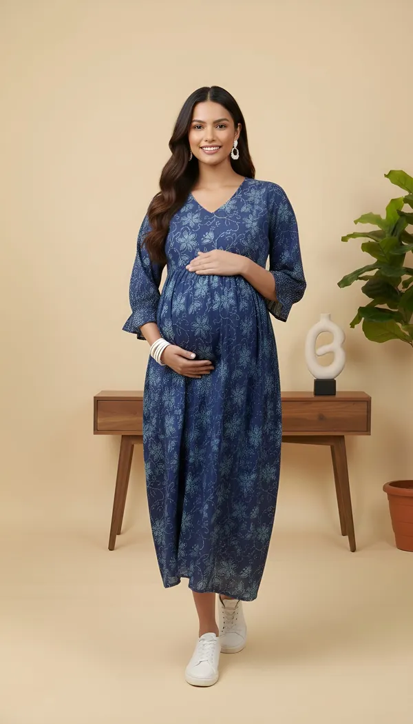 Blue_Pure_Cotton_Printed_Maternity_Dress_For_Women