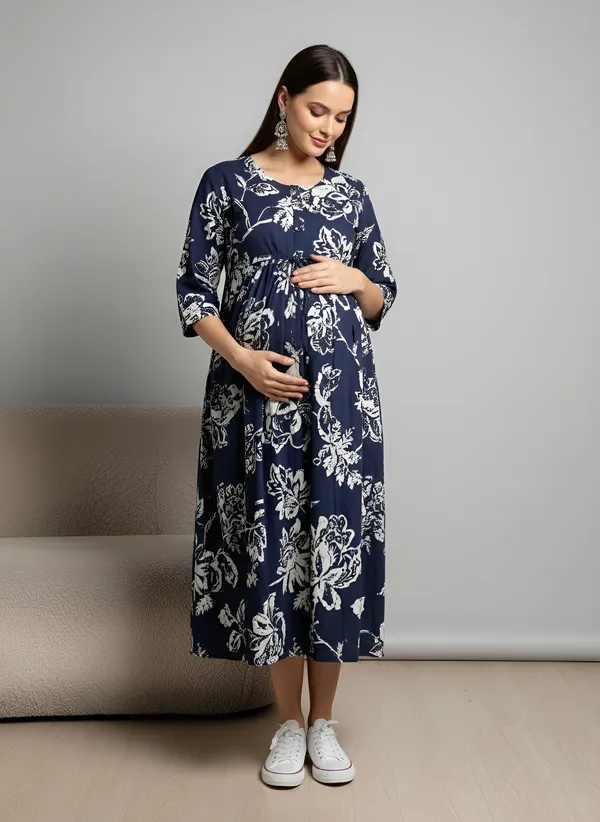 Blue_Pure_Cotton_Printed_Maternity_Dress_For_Women
