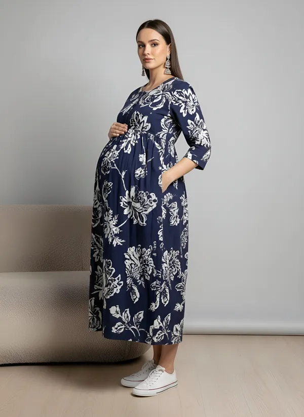 Blue_Pure_Cotton_Printed_Maternity_Dress_For_Women