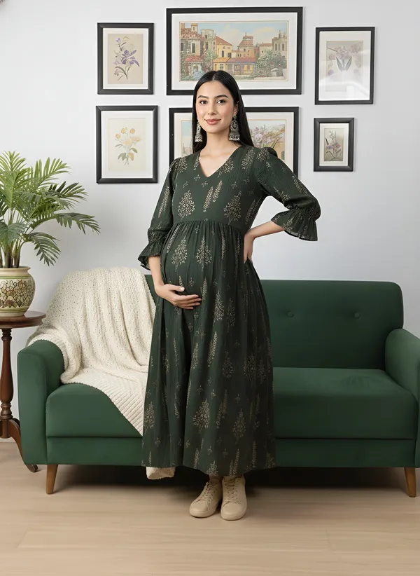 Green_Pure_Cotton_Printed_Maternity_Dress_For_Women