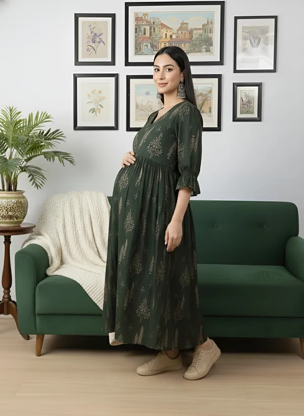 Green_Pure_Cotton_Printed_Maternity_Dress_For_Women