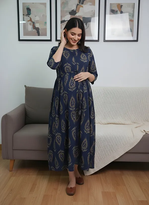 Blue_Pure_Cotton_Printed_Maternity_Dress_For_Women