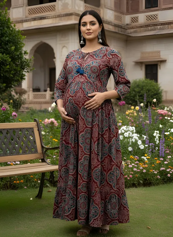 Maroon_Pure_Cotton_Printed_Maternity_Dress_For_Women