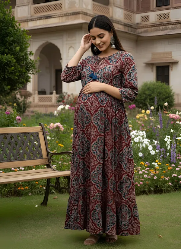 Maroon_Pure_Cotton_Printed_Maternity_Dress_For_Women