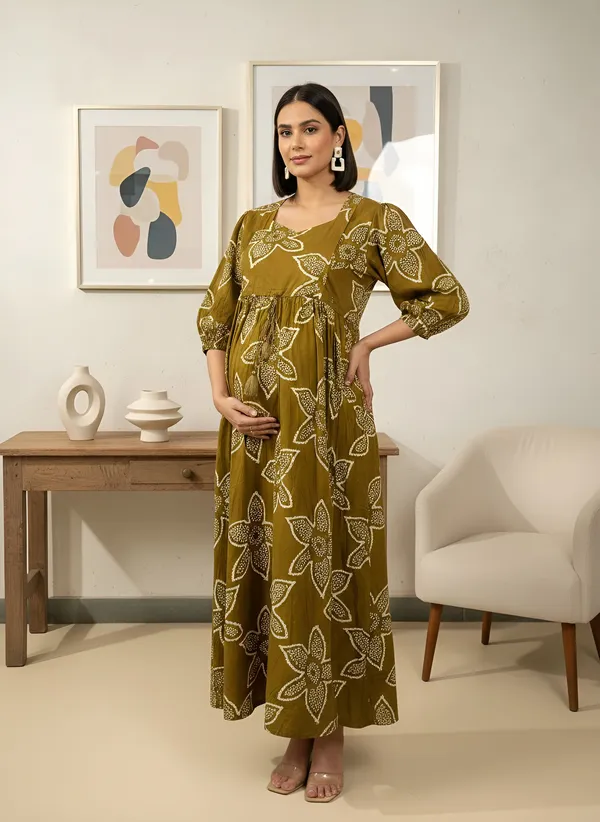 Green_Pure_Cotton_Printed_Maternity_Dress_For_Women