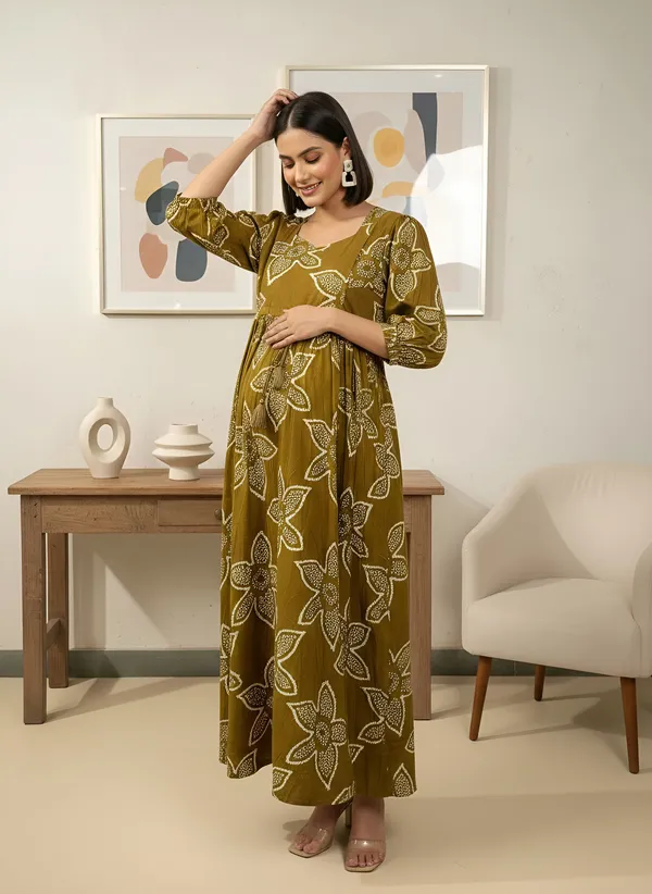 Green_Pure_Cotton_Printed_Maternity_Dress_For_Women
