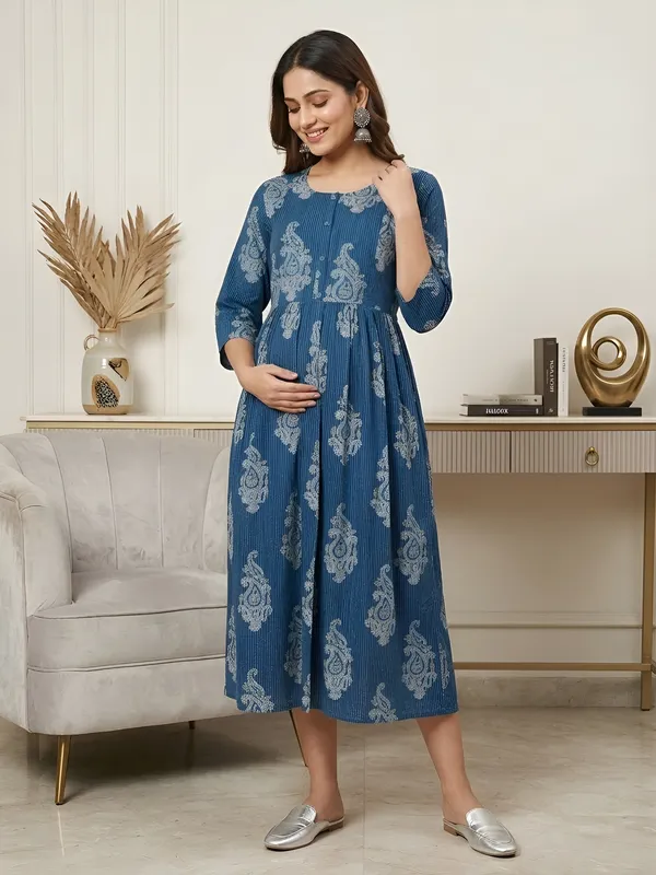 Blue_Pure_Cotton_Printed_Maternity_Dress_For_Women