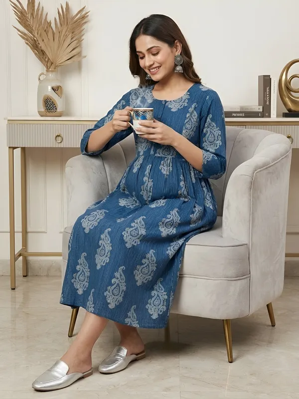Blue_Pure_Cotton_Printed_Maternity_Dress_For_Women
