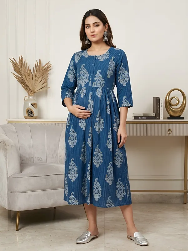 Blue_Pure_Cotton_Printed_Maternity_Dress_For_Women