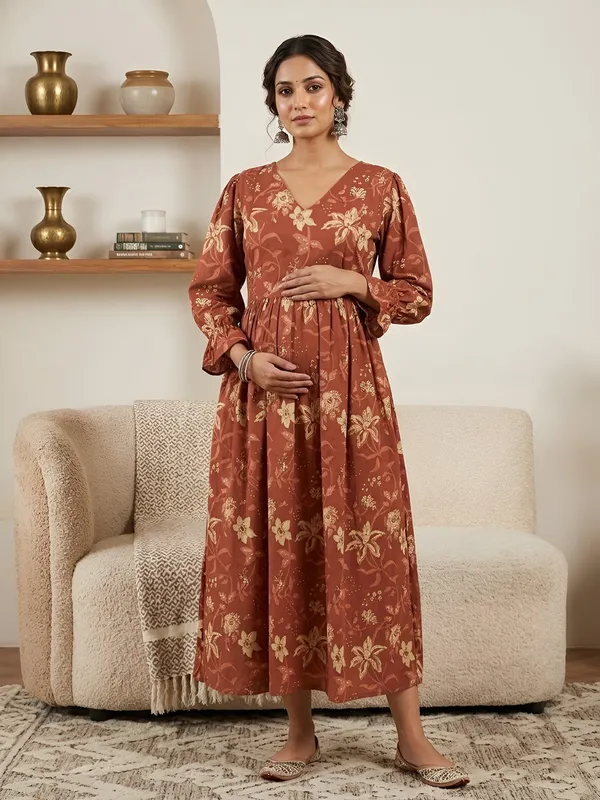 Orange_Pure_Cotton_Printed_Maternity_Dress_For_Women