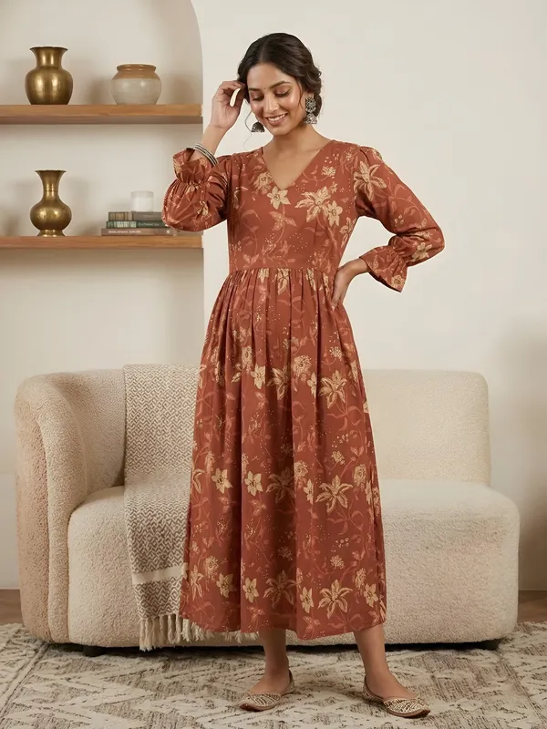 Orange_Pure_Cotton_Printed_Maternity_Dress_For_Women