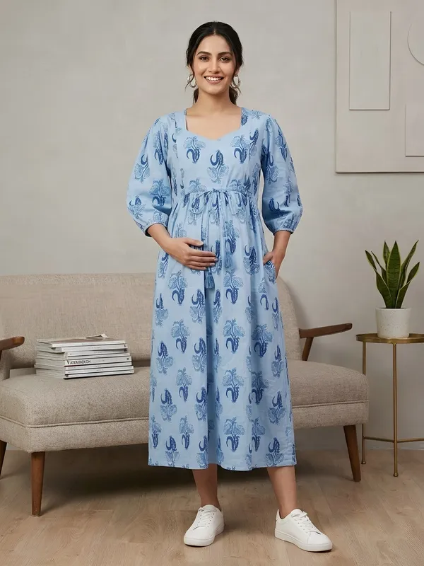 Blue_Pure_Cotton_Printed_Maternity_Dress_For_Women