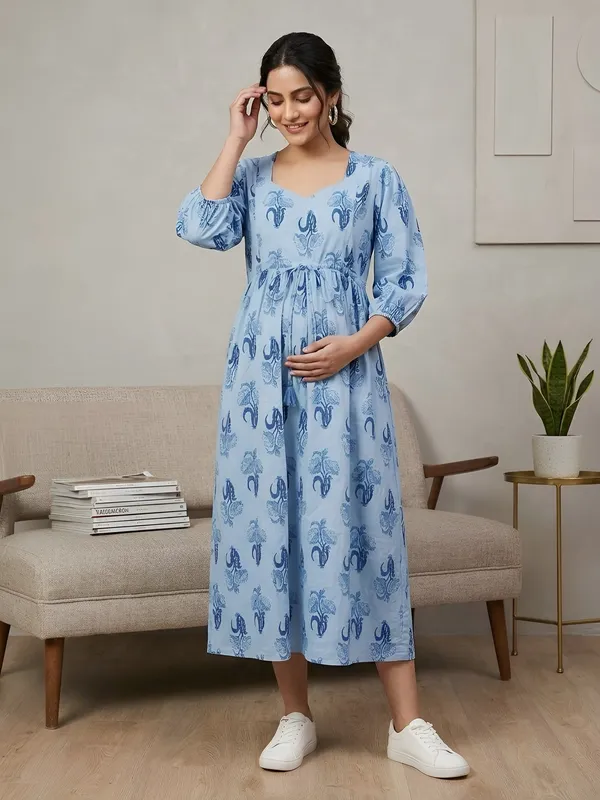 Blue_Pure_Cotton_Printed_Maternity_Dress_For_Women