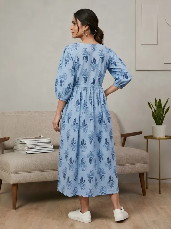 Blue_Pure_Cotton_Printed_Maternity_Dress_For_Women