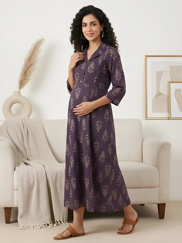 Purple_Pure_Cotton_Printed_Maternity_Dress_For_Women