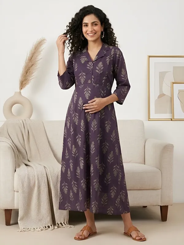 Purple_Pure_Cotton_Printed_Maternity_Dress_For_Women