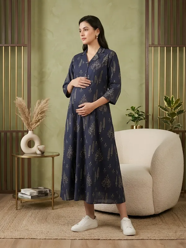 Blue_Pure_Cotton_Printed_Maternity_Dress_For_Women