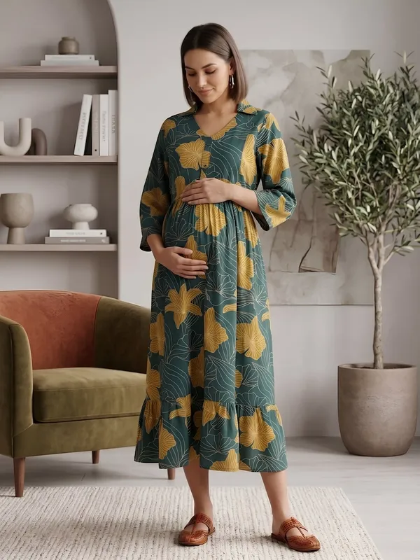 Green_Pure_Cotton_Printed_Maternity_Dress_For_Women