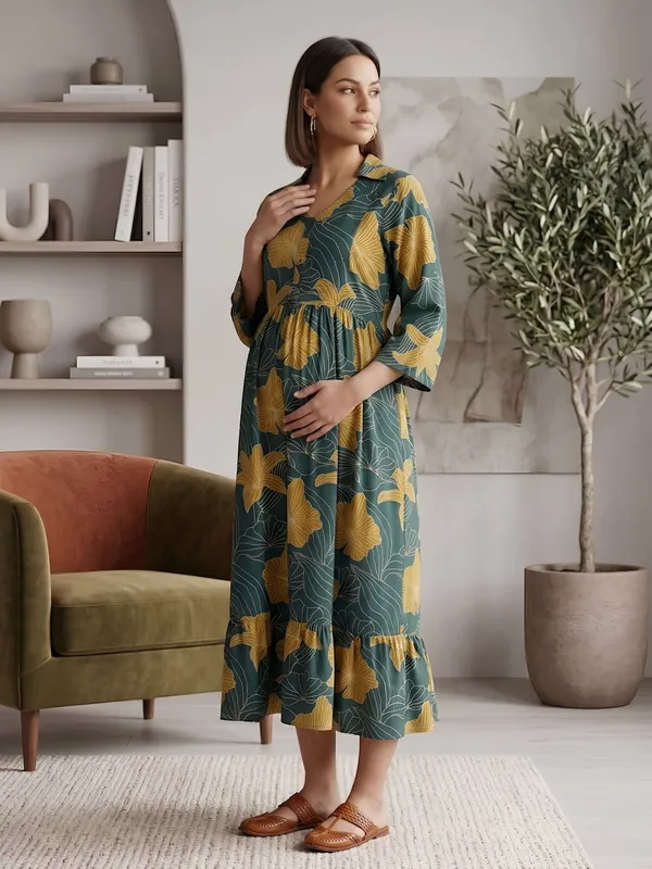 Green_Pure_Cotton_Printed_Maternity_Dress_For_Women