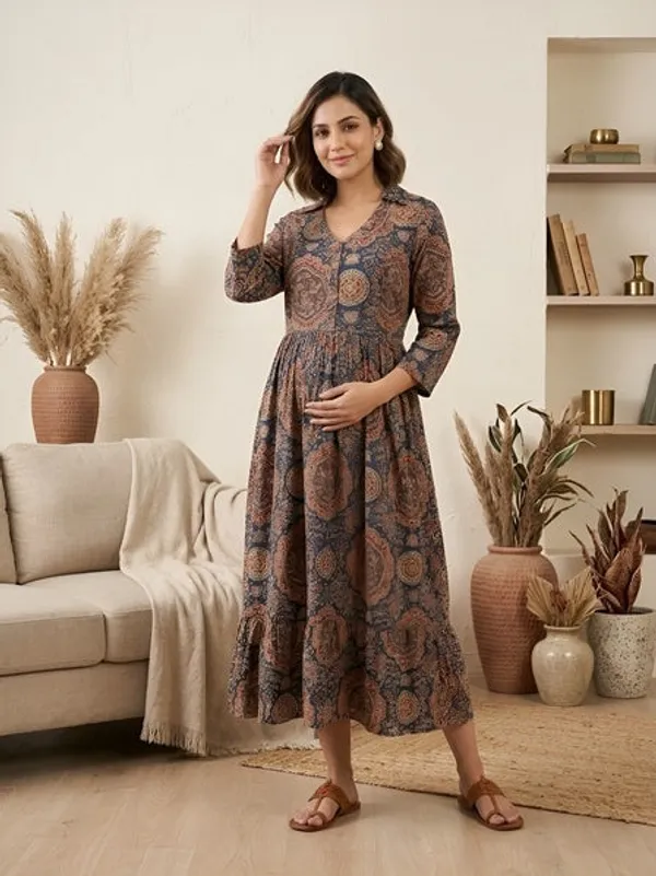 Blue_Pure_Cotton_Printed_Maternity_Dress_For_Women