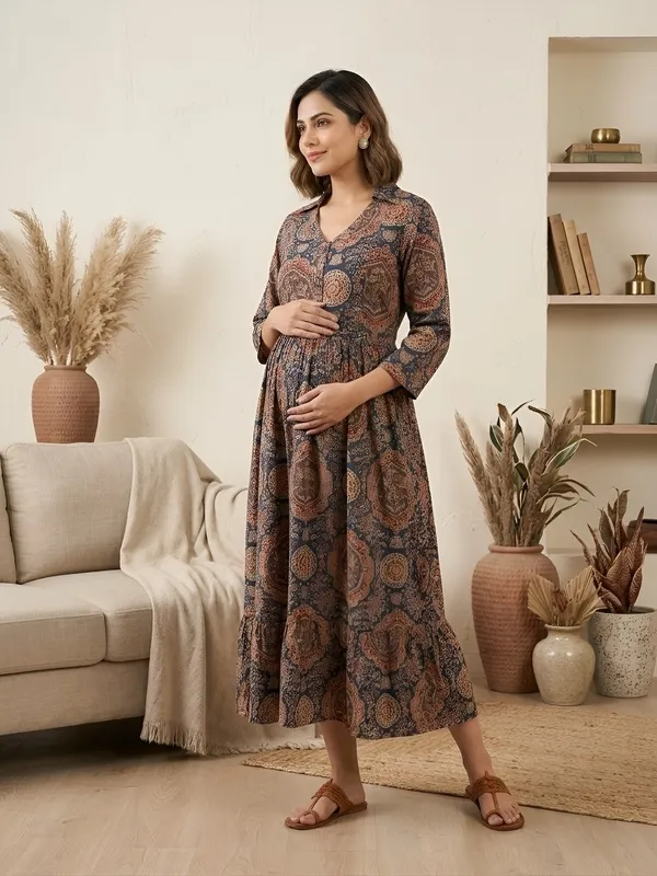 Blue_Pure_Cotton_Printed_Maternity_Dress_For_Women