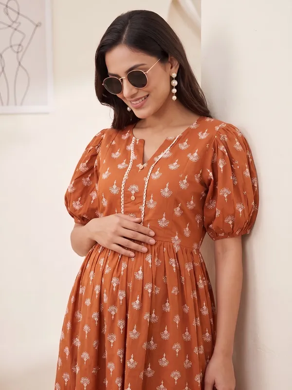 Orange_Pure_Cotton_Printed_Maternity_Dress_For_Women