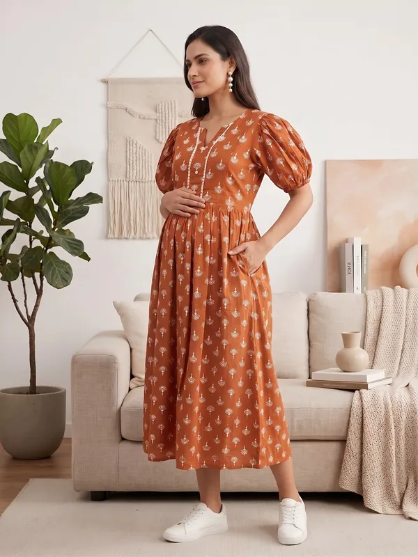 Orange_Pure_Cotton_Printed_Maternity_Dress_For_Women