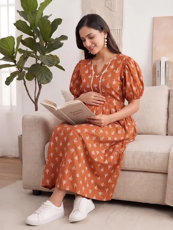 Orange_Pure_Cotton_Printed_Maternity_Dress_For_Women
