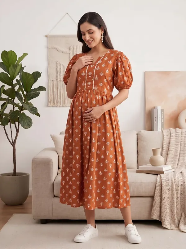 Orange_Pure_Cotton_Printed_Maternity_Dress_For_Women