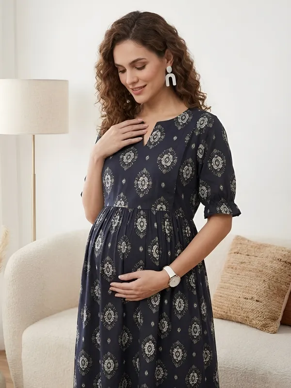 Black_Pure_Cotton_Printed_Maternity_Dress_For_Women