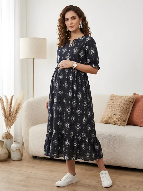 Black_Pure_Cotton_Printed_Maternity_Dress_For_Women