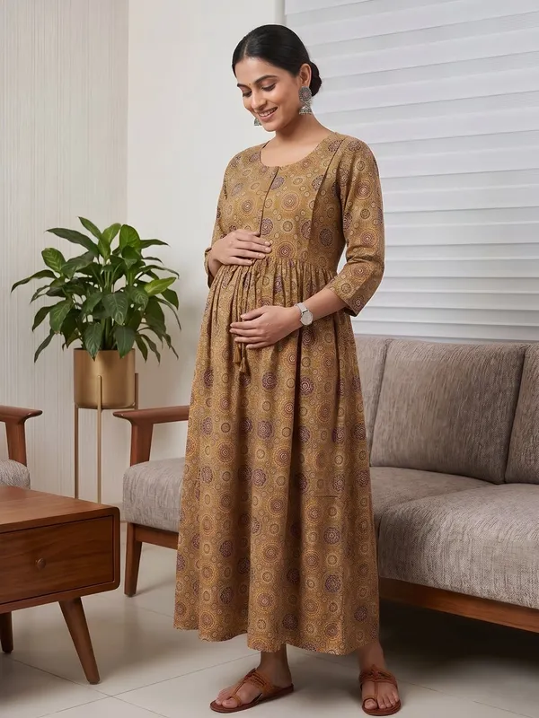 Mustard_Pure_Cotton_Printed_Maternity_Dress_For_Women