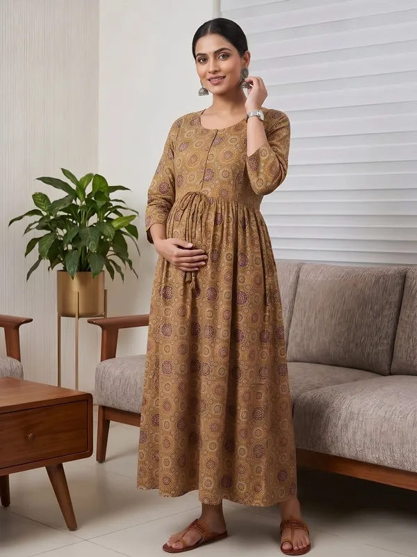 Mustard_Pure_Cotton_Printed_Maternity_Dress_For_Women