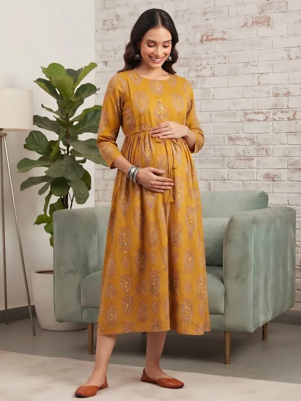 Mustard_Pure_Cotton_Printed_Maternity_Dress_For_Women