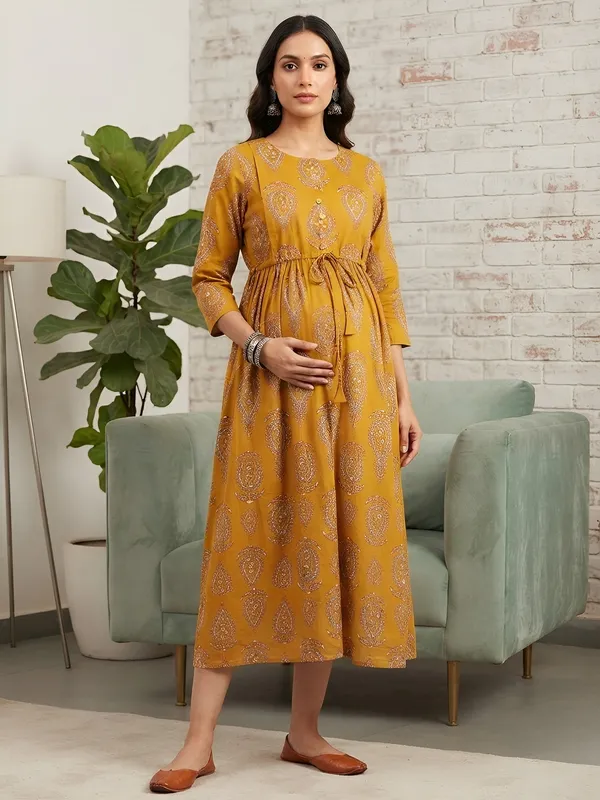 Mustard_Pure_Cotton_Printed_Maternity_Dress_For_Women