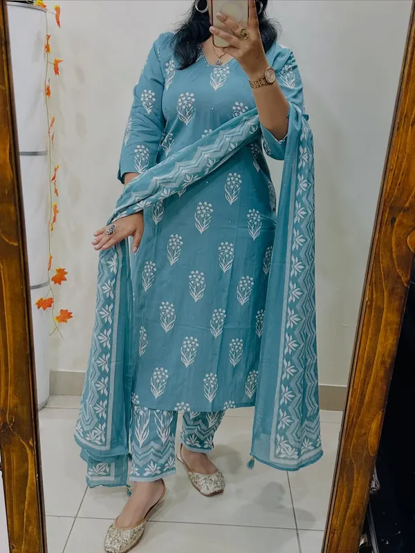 Floral_Printed_Pure_Cotton_V_Neck_Kurta_Trouser_&_Dupatta_Set