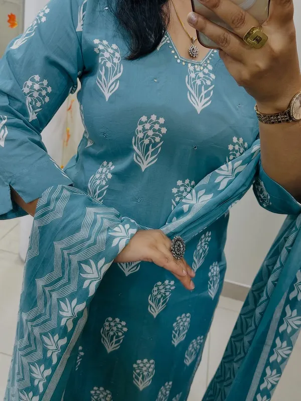 Floral_Printed_Pure_Cotton_V_Neck_Kurta_Trouser_&_Dupatta_Set