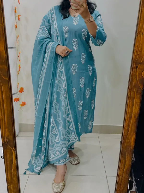 Floral_Printed_Pure_Cotton_V_Neck_Kurta_Trouser_&_Dupatta_Set