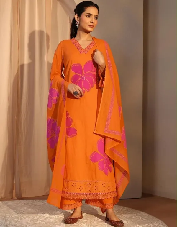 Floral_Printed_Pure_Cotton_V_Neck_Kurta_Trouser_&_Dupatta_Set