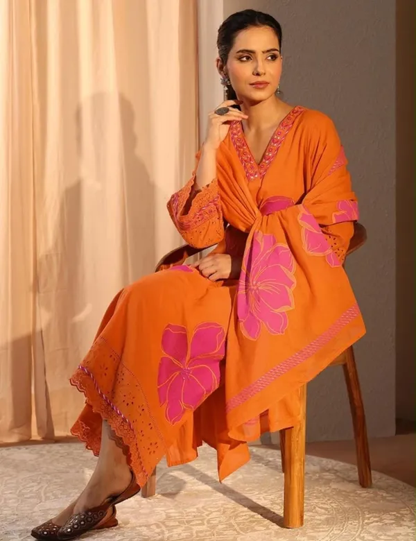Floral_Printed_Pure_Cotton_V_Neck_Kurta_Trouser_&_Dupatta_Set