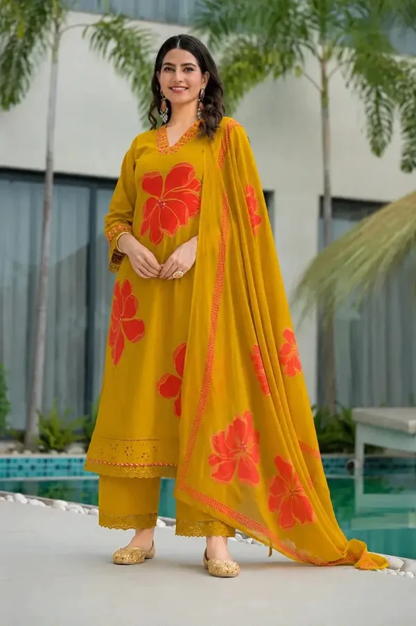 Floral_Printed_Pure_Cotton_V_Neck_Kurta_Trouser_&_Dupatta_Set