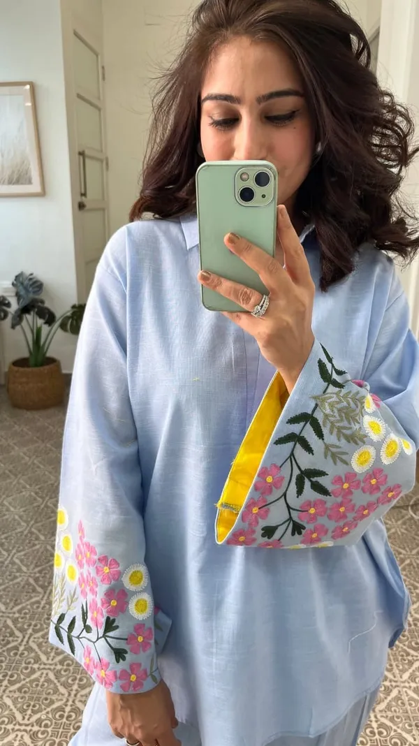 Floral_Embroidered_Pure_Cotton_Coller_Neck_Co-Ord_Set