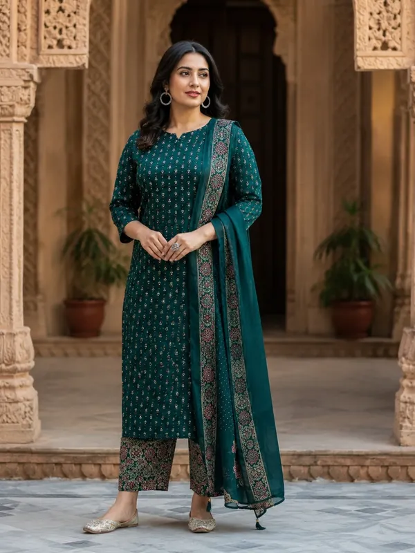 Floral_Printed_Pure_Cotton_Round_Neck_Green_Kurta_Trouser_&_Dupatta_Set